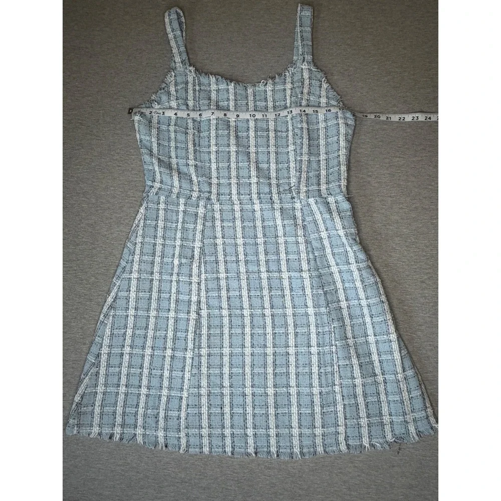 Umgee Blue Plaid Tweed Mini Dress Square Neck Frayed Raw Edge‎ Sleeveless Large